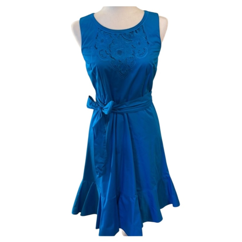 Talbots Petite 2P Blue Embroidered Sateen Fit & Flare Dress - Picture 4 of 11